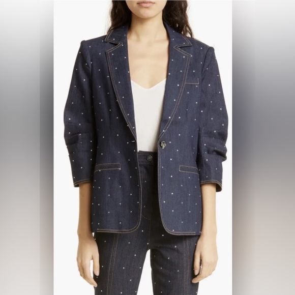 New Cinq A Sept Khloe Rhinestone Ruched Sleeve Blazer In Indigo size 4 - Picture 1 of 8